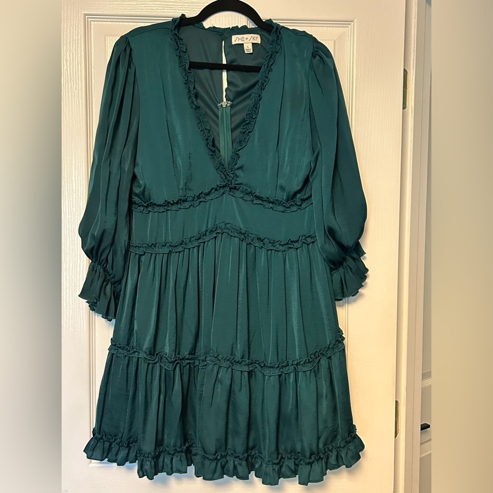 She + Sky Teal Satin Dress